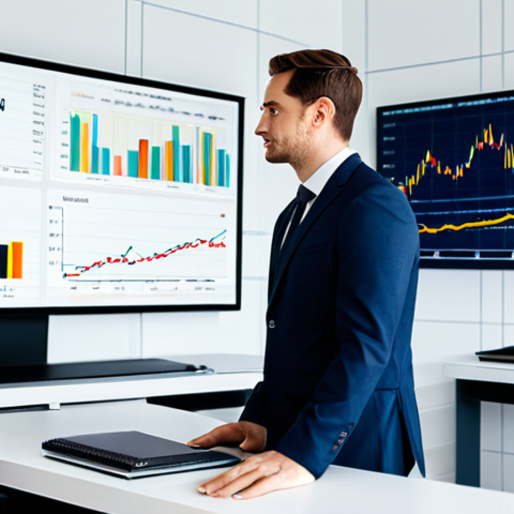 A professional financial advisor, fully clothed in a modest business suit, standing confidently in a modern, brightly lit office. They are looking at a digital display showing a well-diversified investment portfolio with various asset classes represented by abstract, clean graphical elements (e.g., line graphs for stocks, stable bars for bonds, a subtle property icon). The background features a clean, minimalist office interior. The pose is natural and professional, emphasizing strategic financial planning. perfect anatomy, correct proportions, well-formed hands, proper finger count, natural body proportions, safe for work, appropriate content, modest clothing, appropriate attire, high quality.