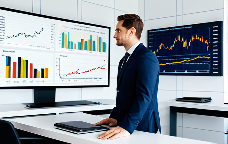 A professional financial advisor, fully clothed in a modest business suit, standing confidently in a modern, brightly lit office. They are looking at a digital display showing a well-diversified investment portfolio with various asset classes represented by abstract, clean graphical elements (e.g., line graphs for stocks, stable bars for bonds, a subtle property icon). The background features a clean, minimalist office interior. The pose is natural and professional, emphasizing strategic financial planning. perfect anatomy, correct proportions, well-formed hands, proper finger count, natural body proportions, safe for work, appropriate content, modest clothing, appropriate attire, high quality.