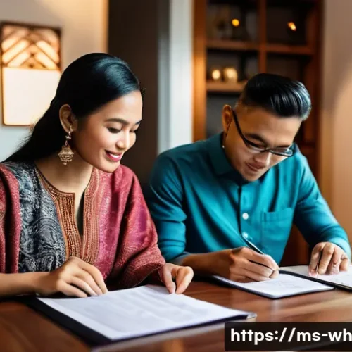 Home 32 결혼 후 자산배분 수정 필요성 - A modern Malaysian married couple sitting at a dining table in their cozy home, carefully reviewing ...