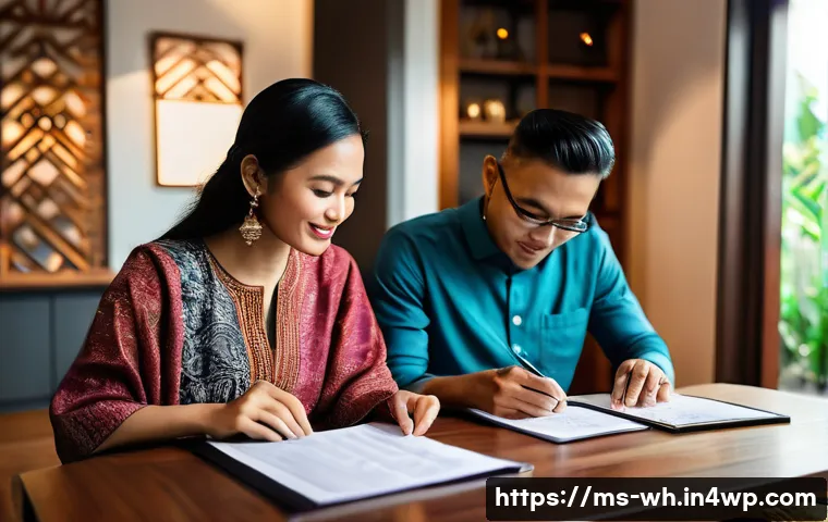 결혼 후 자산배분 수정 필요성 - A modern Malaysian married couple sitting at a dining table in their cozy home, carefully reviewing ...