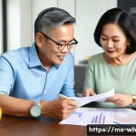 Home 19 50대 자산배분과 은퇴 계획 - A serene middle-aged Malaysian couple in their 50s sitting at a modern dining table in a cozy home, ...