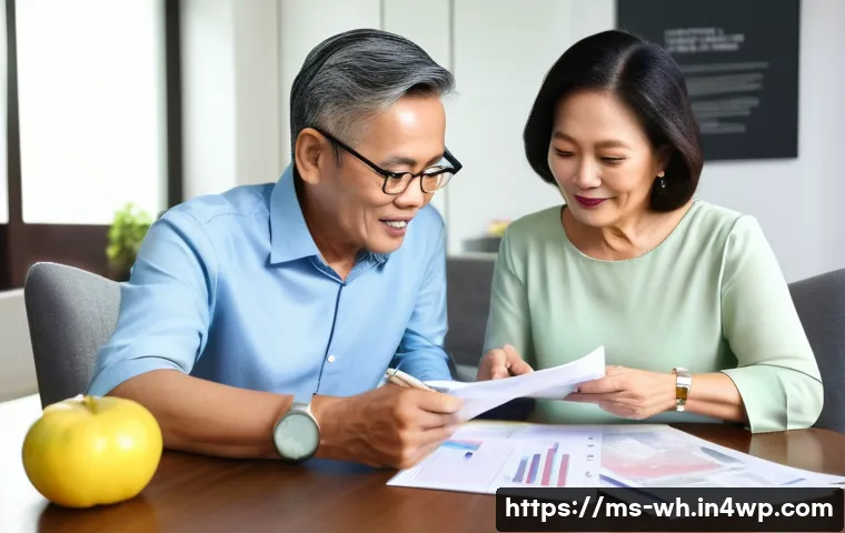 50대 자산배분과 은퇴 계획 - A serene middle-aged Malaysian couple in their 50s sitting at a modern dining table in a cozy home, ...