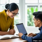 Home 18 결혼 전 자산배분 계획 세우기 - A modern Malay couple sitting at a wooden dining table in a cozy, well-lit home office, deeply engag...