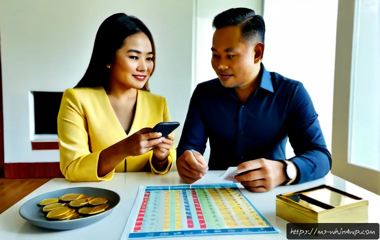 Home 17 주식 투자와 자산배분의 시너지 효과 - Photorealistic Malaysian couple in their 40s reviewing a balanced investment plan at a bright modern...